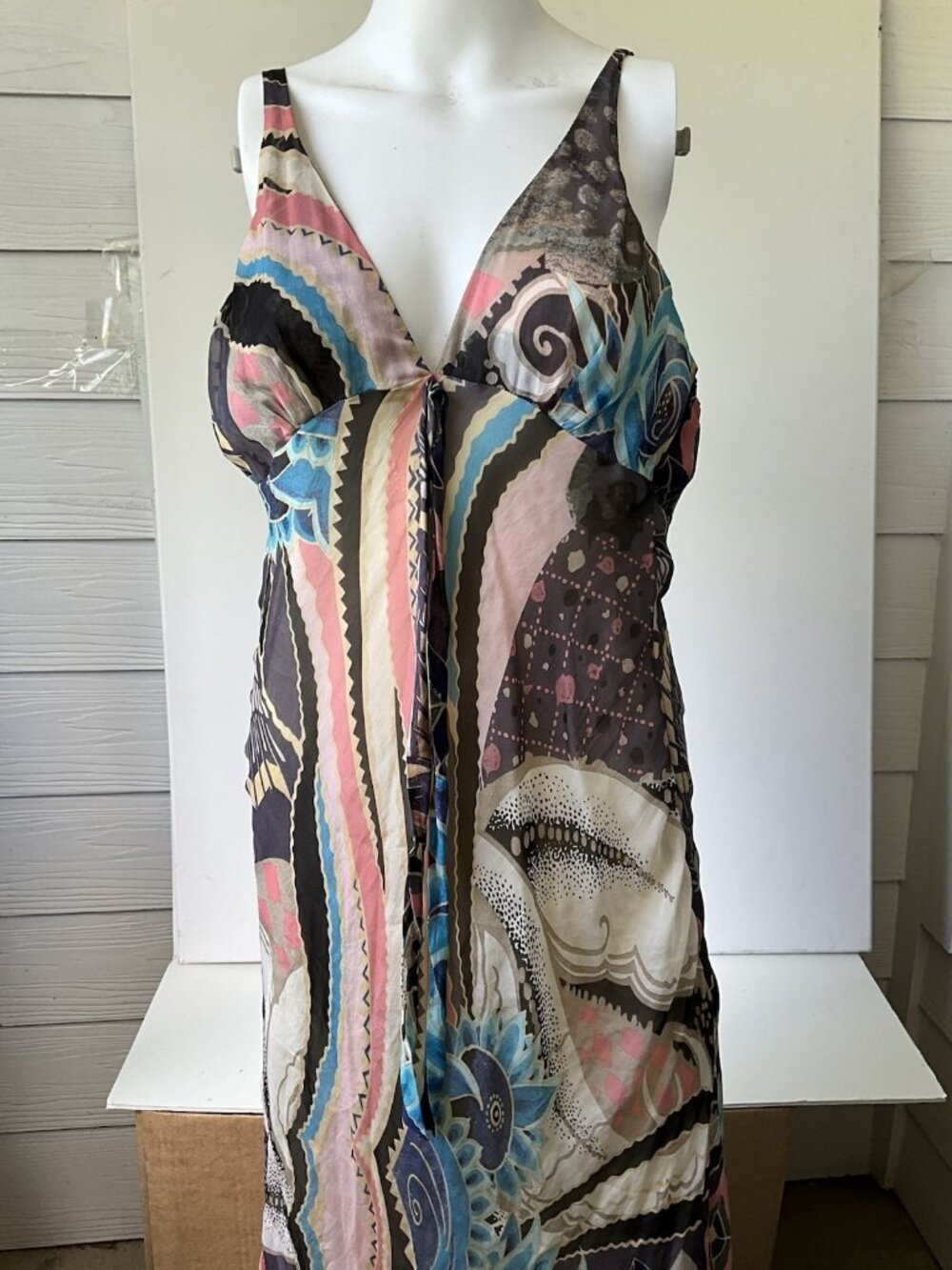 Christian Lacroix Silk Abstract Print Maxi Dress FR 38 US 6 V-Neck Empire Resort - Picture 11 of 11